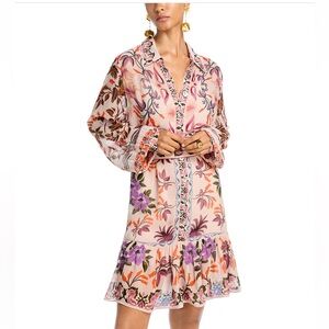 FARM RIO winter garden floral tie belt long sleeve shirt dress L